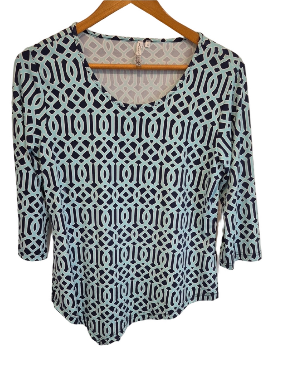 Lulu-B Mint & Navy Geometric Scoop Neck 3/4 Sleeve Top